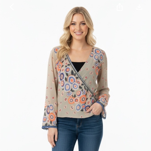 MOON Collection boho sheer floral bell sleeve top - Picture 1 of 6